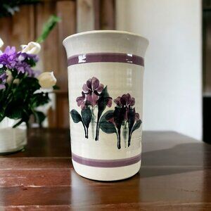 Studio Art Purple Floral Stoneware Hand-Painted Ceramic Pottery Vase 7"